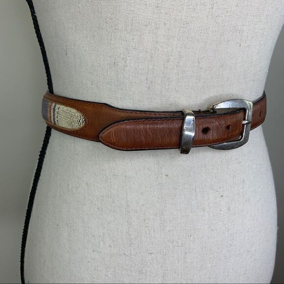 Brown Leather and Western Fabric Belt w/Silver - Picture 1 of 12